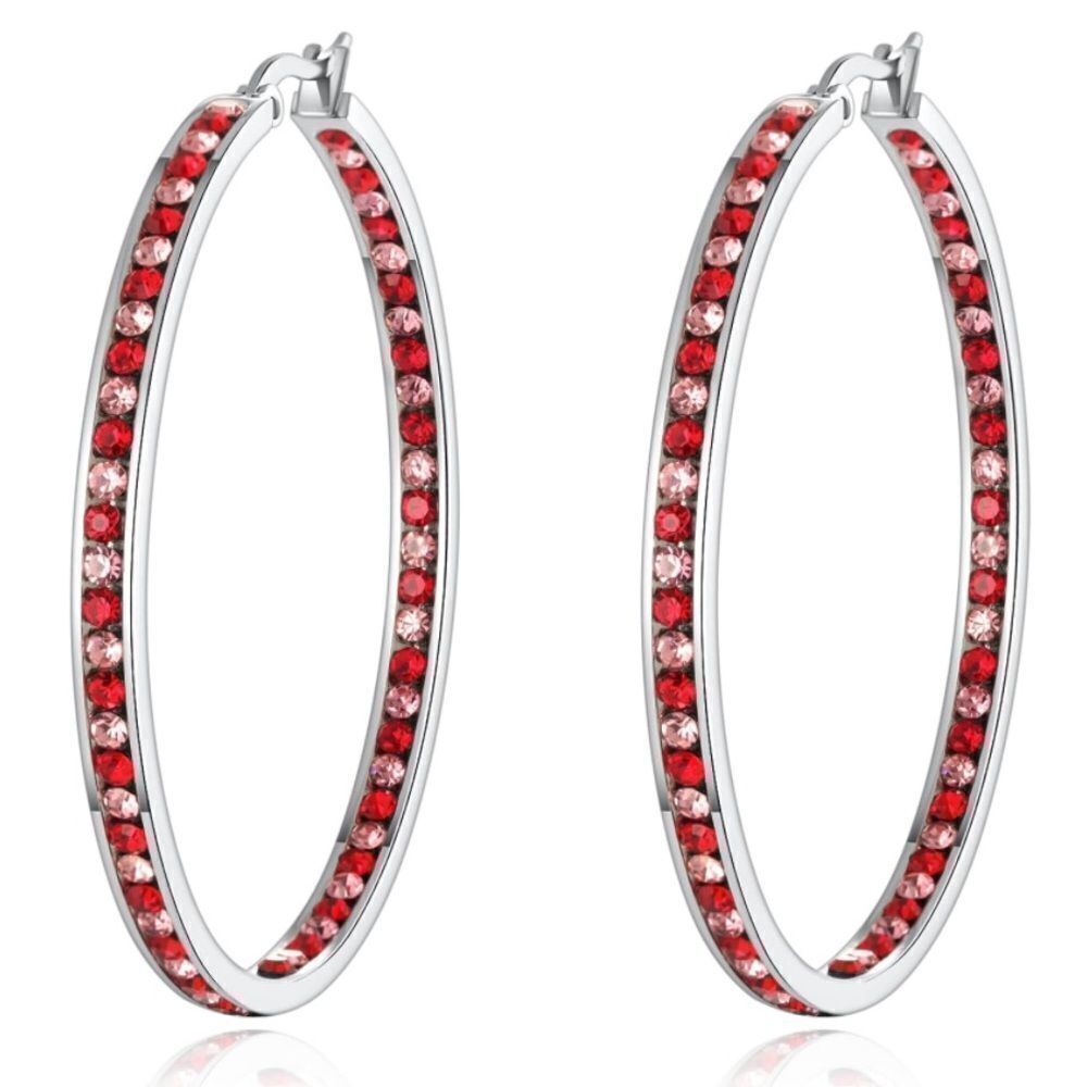 14K White Gold with Ruby Red and Pink Sapphire Cubic Zirconia Big Hoop Earrings